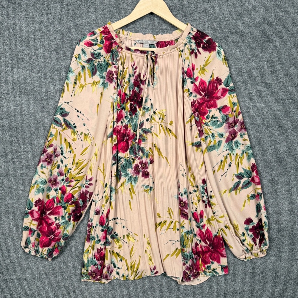 Valerie Stevens Plus Size 2X Top Blouse Beige Floral Accordion Pleat Long Sleeve